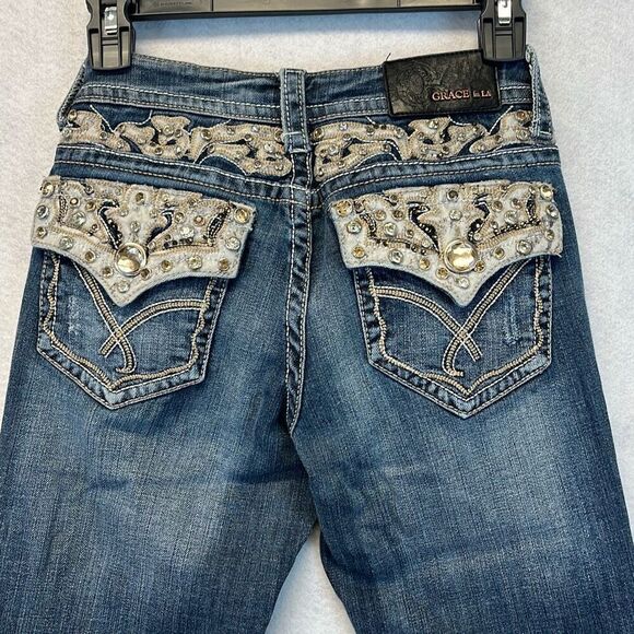 GRACE in LA Jeans Womens Sz 27 Blue Denim Stretch Rhinestone Bootcut Stone Wash - Picture 1 of 14